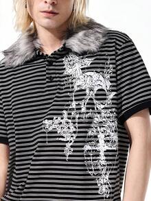 ROMWE MEN Casual 男士條紋骷髏印花短袖休閒通勤 Polo 衫 - 黑色 - 查看 2