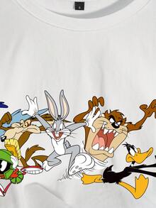 LOONEY TUNES X SHEIN 女士卡通印花圆领短袖 T 恤 - 白色 - 查看 4