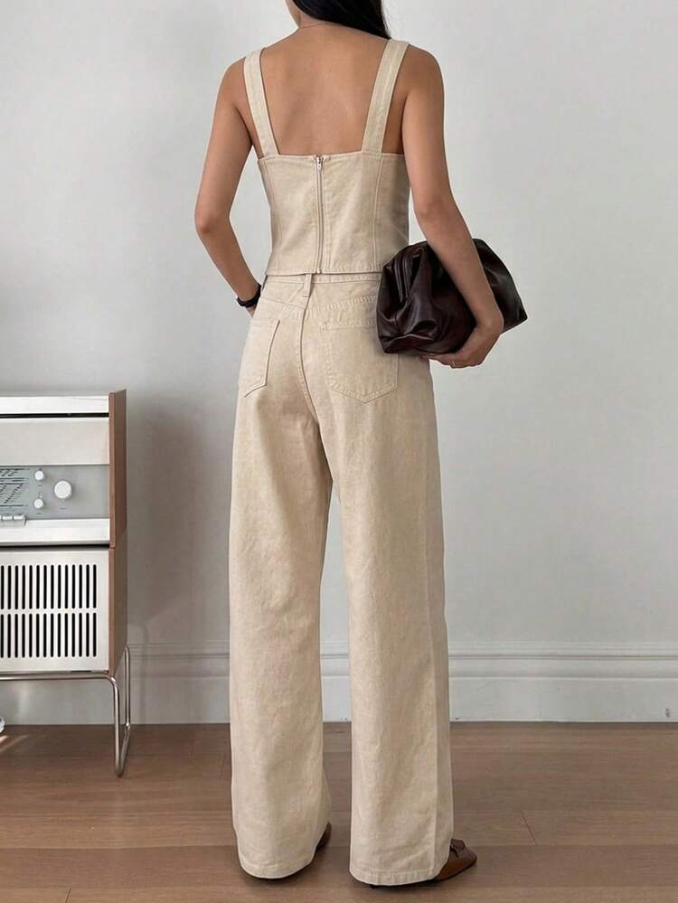 Women's Casual Solid Color Zipper Back Denim Jumpsuit, Vacation & Beach Style, Spring/Summer