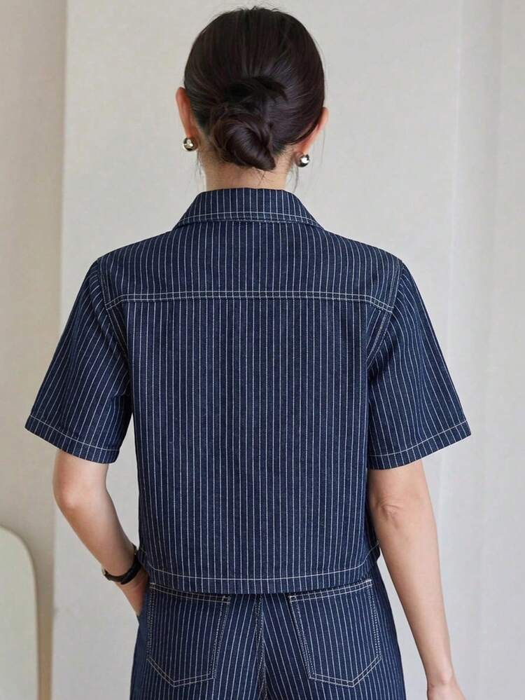 Women's Striped Short Sleeve T-Shirt And Button Pocket Denim Pants Set, Spring/Summer
