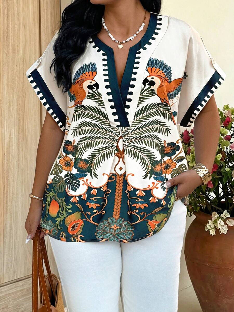 SHEIN LUNE 大尺碼女款缺口V領花鳥印花休閒日常襯衫 - 杏色 - 查看 1