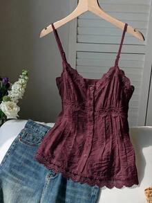 Comfortcana Women's Solid Color Contrast Lace Single-Breasted Camisole Top - Brown - View 3