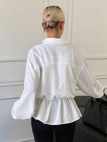 Livesso Summer Autumn June Teachers' Day Collared Long Sleeve Button-Up Solid White Ruffle Hem Loose Women's Blouse Office Elegant French - White - View 2