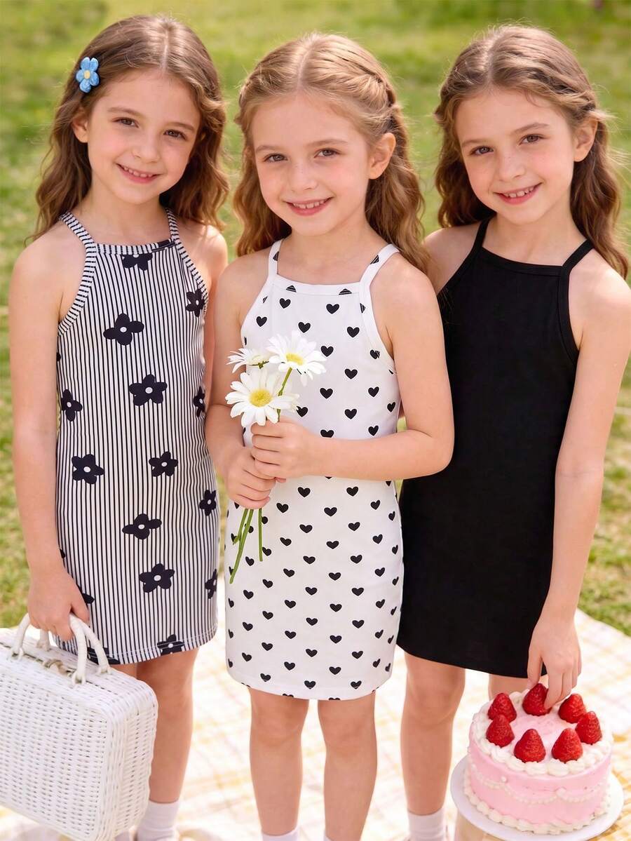 Elladie kids 少女針織細肩帶洋裝，白色花卉黑白印花，純色，3件組，休閒可愛日常柔軟時尚優雅夏季度假洋裝