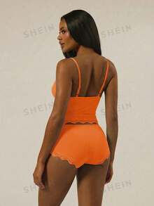 MUSERA Triangle Bust Lace Trim Adjustable Strap Cami Top And Fitted Boxer Boyshort Multipack Set Autumn Winter Fall Underwear Everyday Lounge Essential - Orange - View 2