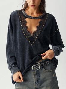 Bohemela Women's Fall Casual Black Washed Knit Long Sleeve Sweatshirt/Halloween/Back To School/Going Out/Y2K/Holiday - Black - View 6