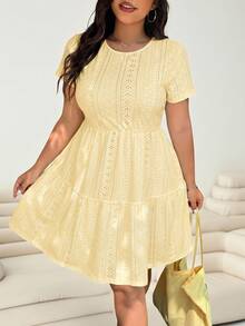 Solflare Plus Size Women's Ruffle Hem Jacquard Round Neck Short Sleeve Dress - Pale Yellow - View 4