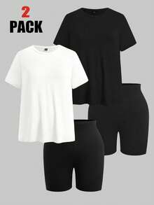SHEIN EZwear 多色大尺碼純色套裝 2件短袖 + 2件及膝長褲 4件組 - 彩色 - 查看 1