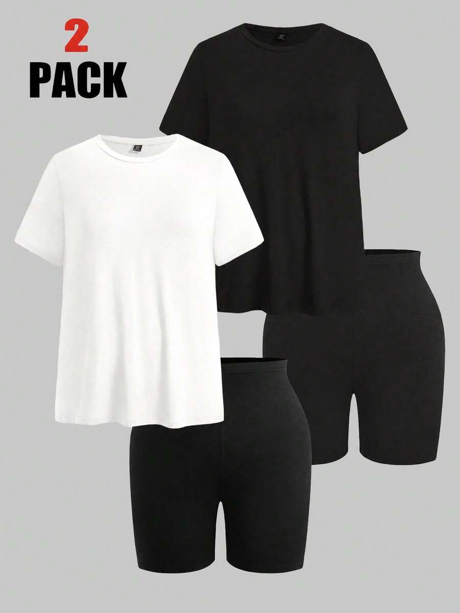 SHEIN EZwear 多色大尺碼純色套裝 2件短袖 + 2件及膝長褲 4件組 - 彩色 - 查看 1
