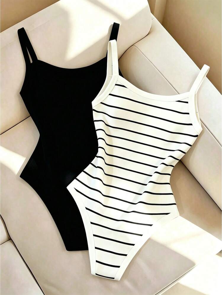 SHEIN LUNE 2026新款百搭連身內衣 條紋/純黑兩色 貼身細肩帶女款 辣妹顯瘦 百搭內搭外穿底層 適合居家、辦公、通勤、約會 - 黑與白 - 查看 2