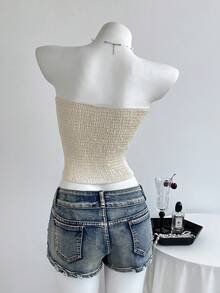 TRNVIE Spring/Summer Vacation Style Strapless Color-Block Jacquard Patchwork Tie-Up Multi-Way Wear Fitted Women's Top - Apricot - View 2