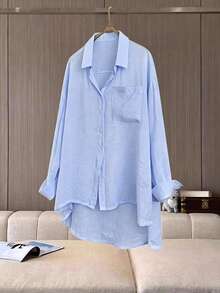 Franclia Plus Size Women's Solid Color Single-Breasted Casual Versatile Daily Outing Shirt - Baby Blue - View 1