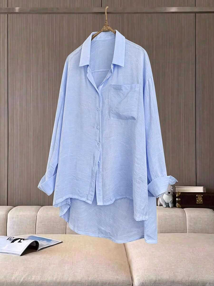 Franclia Plus Size Women's Solid Color Single-Breasted Casual Versatile Daily Outing Shirt - Baby Blue - View 1