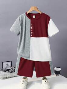 SHEIN 2pcs/Set Kids Tween Boy Casual Colorblock Crew Neck Short Sleeve T-Shirt & Shorts Set, Suitable For Commuting, School, Daily Casual, Sports, Spring/Summer, Beach Vacation - Burgundy - View 3
