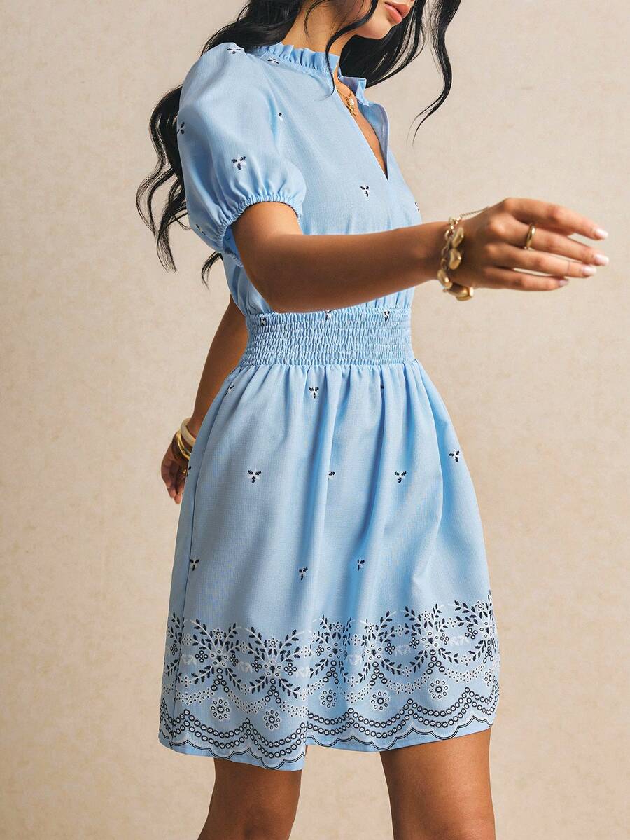 Poéselle Light Blue Floral Elegant Ditsy Floral Notched Neck Puff Sleeve Dress For Women, Summer Vacation