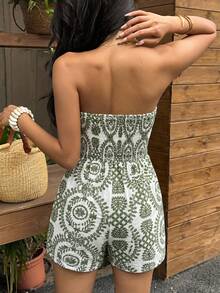 Mono de playa para mujer estilo vacaciones primavera/verano, bandeau, cintura ceñida, fruncido, estampado, nudo cruzado, pernera ancha, pantalones cortos - Rosa - Ver 7
