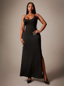 SHEIN SXY Robe sexy grande taille pour femme, couleur unie, dos nu, fente latérale à l'ourlet, col licou - Noir - Voir 7