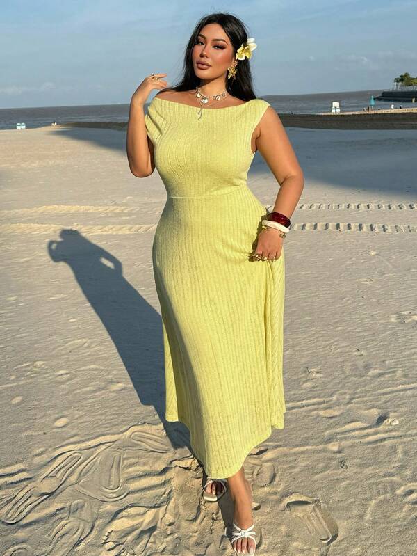 Dazy Plus Asymmetrical Off-Shoulder Fitted Pure Desire Sexy Long Waist-Cinching Casual Vacation Yellow Popular Color Spring Summer Dress