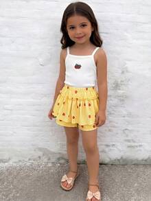 Emery Rose Kids Emery Rose Kids Set Atasan Camisole Bergaris-garis dengan Bordir Stroberi Kecil dan Celana Pendek Berumbai untuk Anak Perempuan - Kuning - View 10