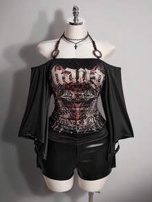 SHEIN ICON 大尺碼女款 Y2K 復古條紋掛脖喇叭袖時尚 T 恤，前衛街頭風休閒喇叭袖掛脖條紋針織上衣 - 彩色 - 查看 3