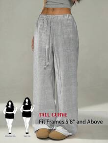 SHEIN Tall CURVE Pantalon long ample et polyvalent à jambes larges avec taille à cordon de serrage et rayures pour femmes grandes tailles - Bleu marine - Voir 1