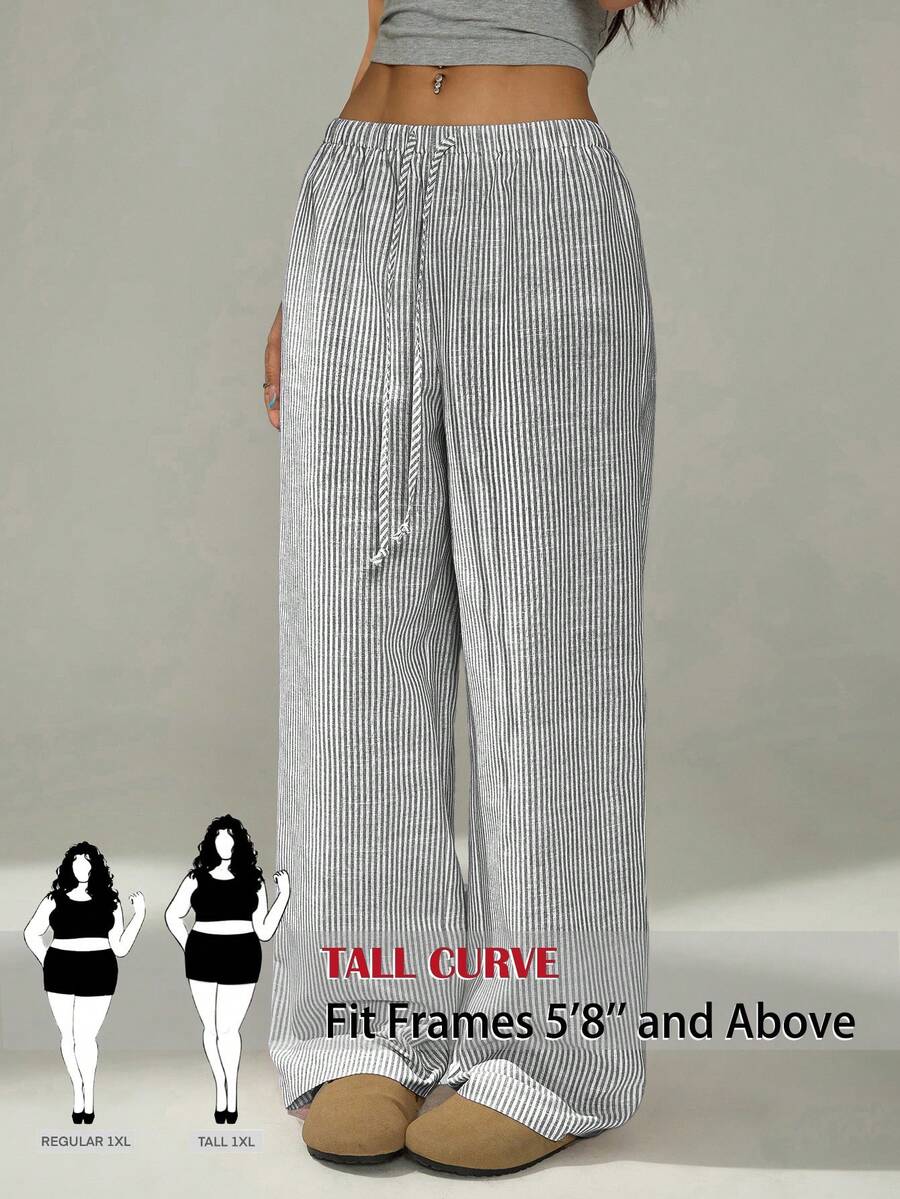 SHEIN Tall CURVE Pantalon long ample et polyvalent à jambes larges avec taille à cordon de serrage et rayures pour femmes grandes tailles - Bleu marine - Voir 1