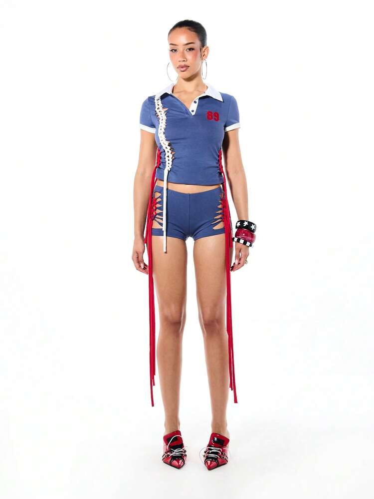 SUMWON WOMEN Cropped Polo Collar Top With Contrast Trim, Lace-Up Braided Side Detail And Number Embroidery