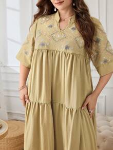 Al Najma Embroidered Pattern 3/4 Sleeve Loose Elegant Flared Hem Comfortable Daily Elegant Traditional Plus Size Women's Turkish Long Shirt Arabic Traditional Long Shirt - Mustard Yellow - View 4