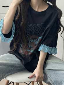 FRIFUL Women's Casual Loose Fit Letter Print Lace Patchwork Short Sleeve T-Shirt, Breathable Cotton Blend, Versatile For Spring/Summer Graphic Tee - Black - View 6