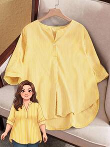 Rusticease Plus Size Women's Striped Casual Versatile Everyday Outing Shirt - Mustard Yellow - View 1