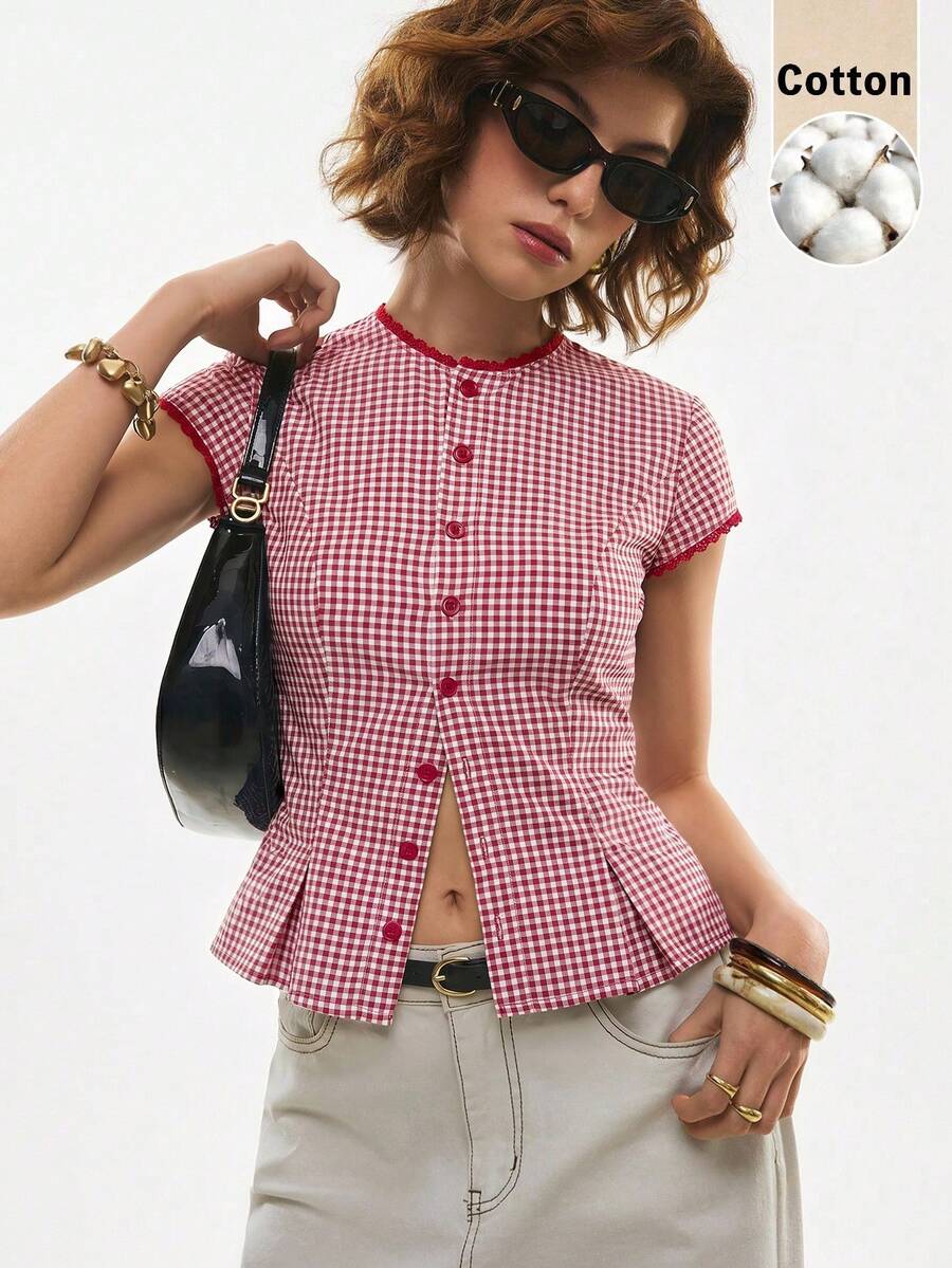 Poéselle Women's Casual Vintage Plaid Front Button Down Collared Shirt, Summer,Summer Top - Red and White - View 1