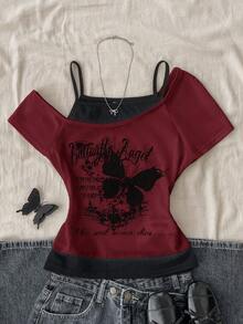Teen Girls Casual Retro Print 2 In 1 Patchwork Short Sleeve T-Shirt - Burgundy - View 2
