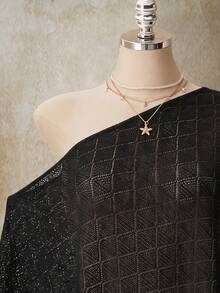 SHEIN ICON 大尺碼女款不對稱肩設計休閒百搭日常上衣 - 黑色 - 查看 4