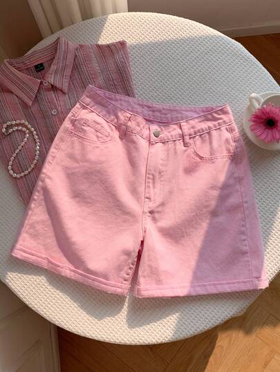 Comfortcana Quần short denim hồng nữ mặc thường ngày mùa hè