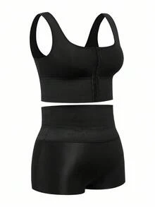 SHAPORA Plus Size Fashion Front Button Cropped Camisole Shapewear And Waist Cincher Shorts Set - Black - View 12