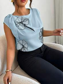 Elenzga Women's Plus Size Spring/Summer Elegant Streetwear Neckline Tie Decor Contrast Color 3D Flower Cap Sleeve Round Neck Blouse - Mint Green - View 6