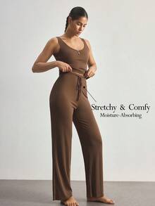 Ocili Comfortable Minimalist Sleeveless Pants Shell Button Pajama Set, Baby Pink Women Loungewear - Brown - View 1