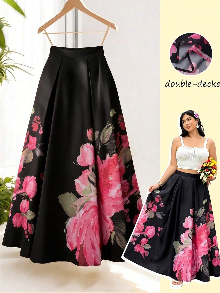 GlowEve CURVE Plus Size Women's Elegant Floral Print A-Line Skirt, Summer - Black - View 1