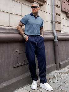 Artur Kramer 男士撞色滚边休闲Polo衫，纹理Polo衫，男士夏季Polo衫，针织Polo衫，蓝色短袖Polo衫，男士休闲Polo衫，适合日常休闲、周末旅行、户外活动、探险旅行、轻松的工作环境或半正式场合，男友/丈夫礼物，周年纪念礼物，圣诞节蓝色Polo衫，蓝色上衣，针织图案Polo衫，男士针织Polo衫，浅蓝色男士圣诞节Polo衫 - 藍色 - 查看 4