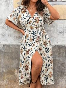 Ceyna Plus Allover Print Belted Wrap Dress, For Christmas Maxi Women Outfit Beach Vacation White Summer Boho - Apricot - View 1