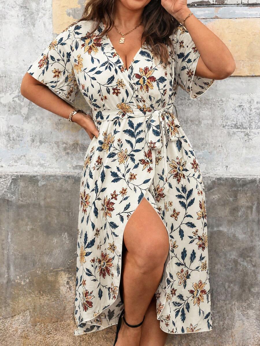 Ceyna Plus Allover Print Belted Wrap Dress, For Christmas Maxi Women Outfit Beach Vacation White Summer Boho - Apricot - View 1