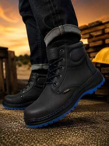 Genuine Leather Pleg Working Boot With Steel Helmet - Negro con azul - View 3