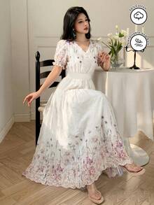 Modelyn V-Neck Waist-Defining Bubble Sleeve Printed Flared Dress, Fashionable For Spring/Summer Tea Party Vacation Off White Floral Elegant - Multicolor - View 12