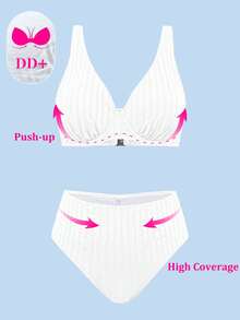 Swim DD+ 女款性感聚攏鋼圈時尚紋理面料 DD+ 皇家藍高腰 2 件組夏季比基尼套裝 - 白色 - 查看 5