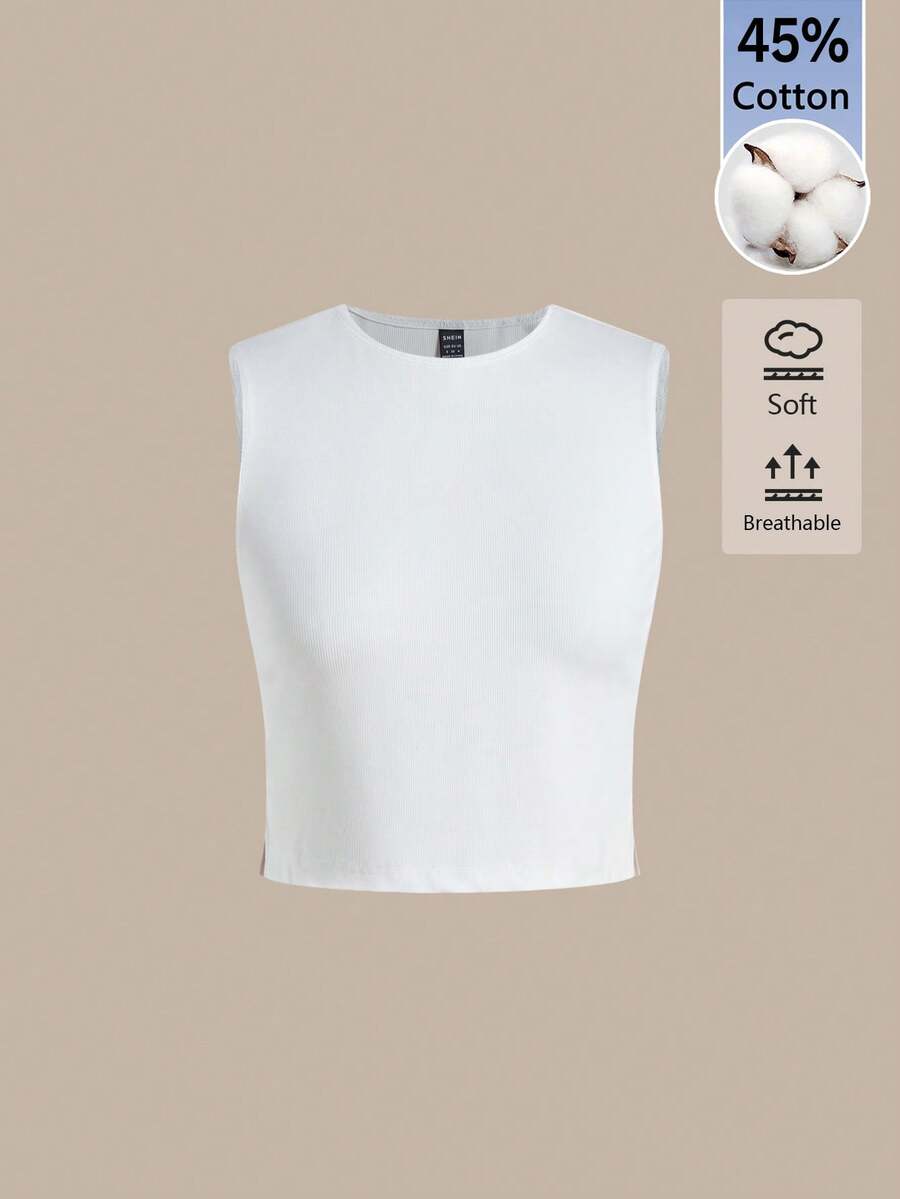 SHEIN BASICS 女款素色修身百搭日常外出短版上衣 - 白色 - 查看 1