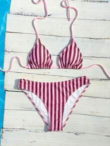 Swim Vcay 女款夏季新款撞色條紋性感掛脖三角比基尼套裝 - 粉色 - 查看 3