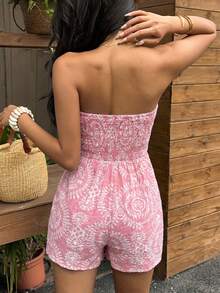 Mono de playa para mujer estilo vacaciones primavera/verano, bandeau, cintura ceñida, fruncido, estampado, nudo cruzado, pernera ancha, pantalones cortos - Rosa - Ver 2