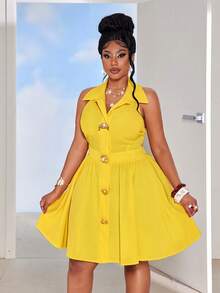 Maweii Women's Sleeveless Waist Cinched Collared Metal Decor Short Plus Size Dress, Suitable For Party, Casual, And Vacation Wear - Yellow - View 3