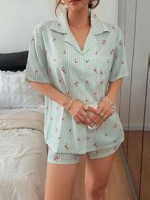 Napfluff Striped Cherry Print Short Sleeve Cardigan & Shorts Loose Fit Women's Pajama Set - Green - View 3