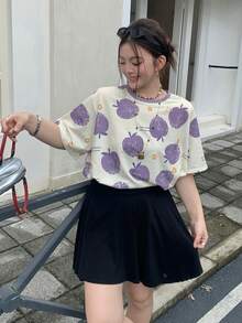 Dazy Plus Plus Size Colorblock Patchwork Striped Round Neck Loose Short Sleeve Pink Spring Summer T-Shirt Graphic Tee - Purple - View 6